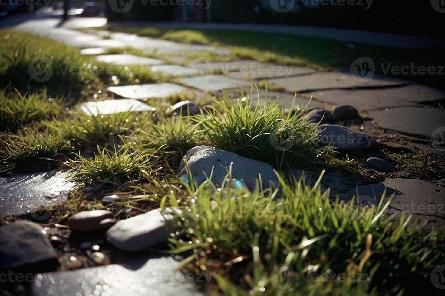 een met gras begroeid Oppervlakte met water en rotsen foto