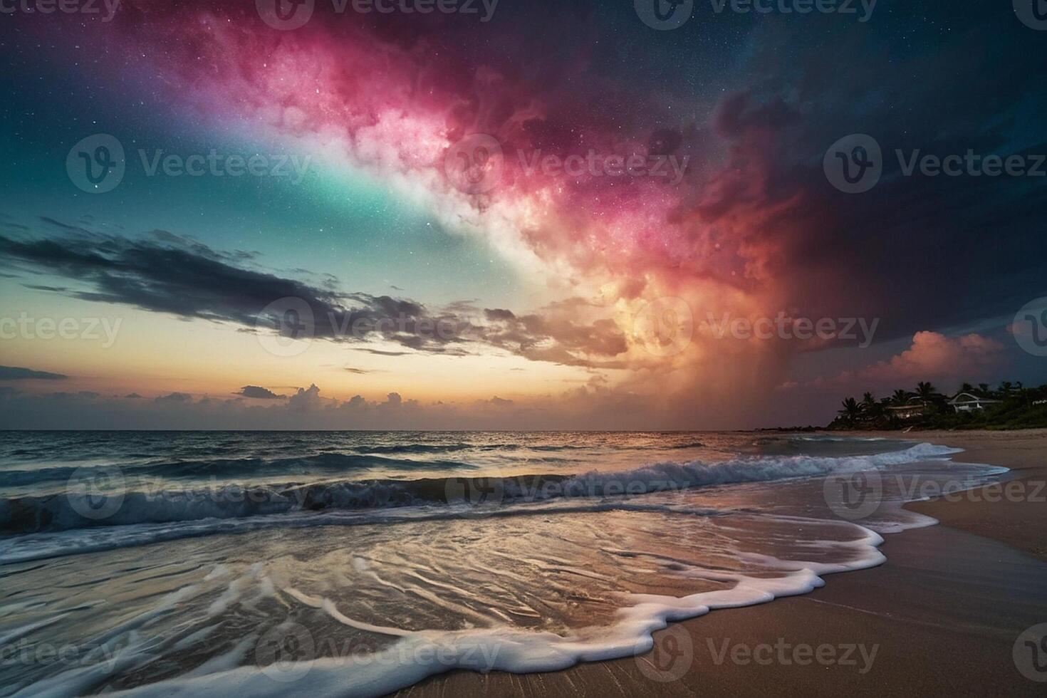 een regenboog over- de oceaan Bij nacht foto