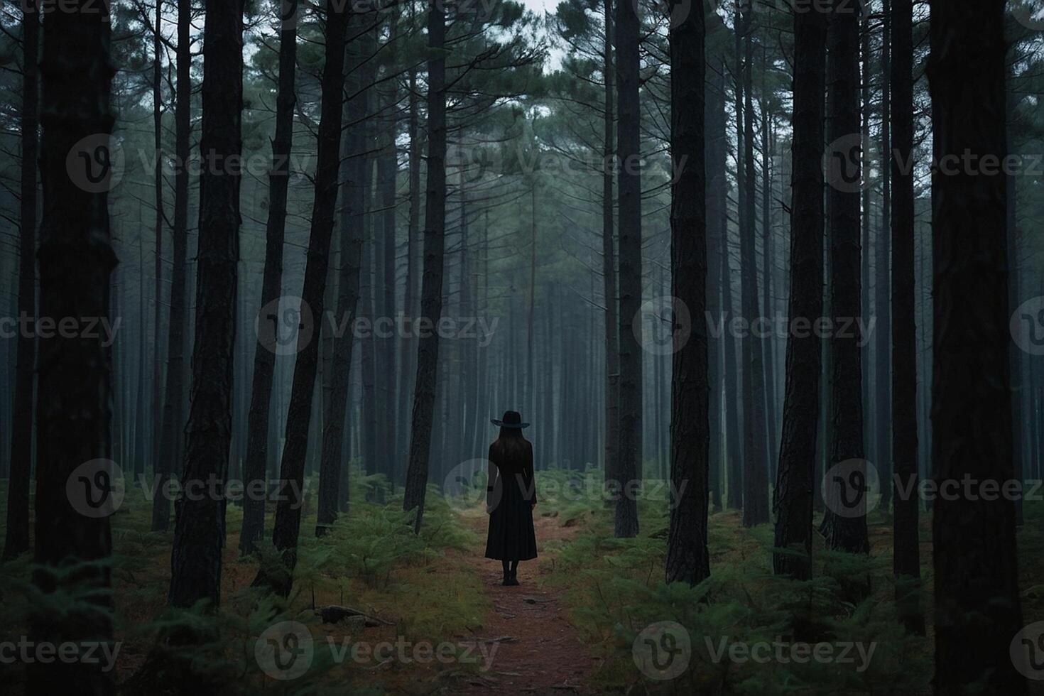 ai gegenereerd een persoon in een zwart hoed staand in de midden- van een Woud foto