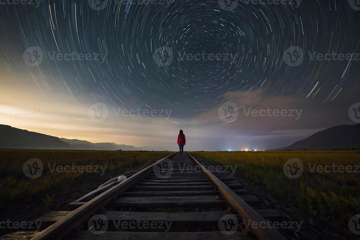 ai gegenereerd een persoon staand Aan een spoorweg bijhouden met ster trails foto