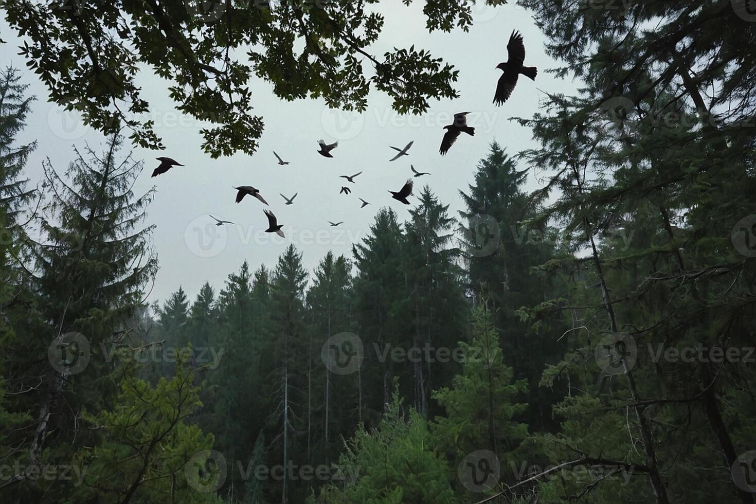 vogelstand vliegend over- een Woud met bomen en bergen foto