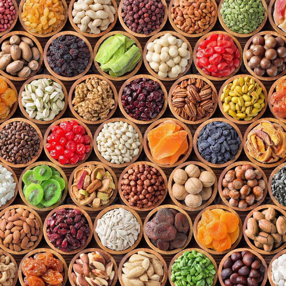kleurrijk collage van noten en droog fruit, geassorteerd gezond voedsel achtergrond. foto