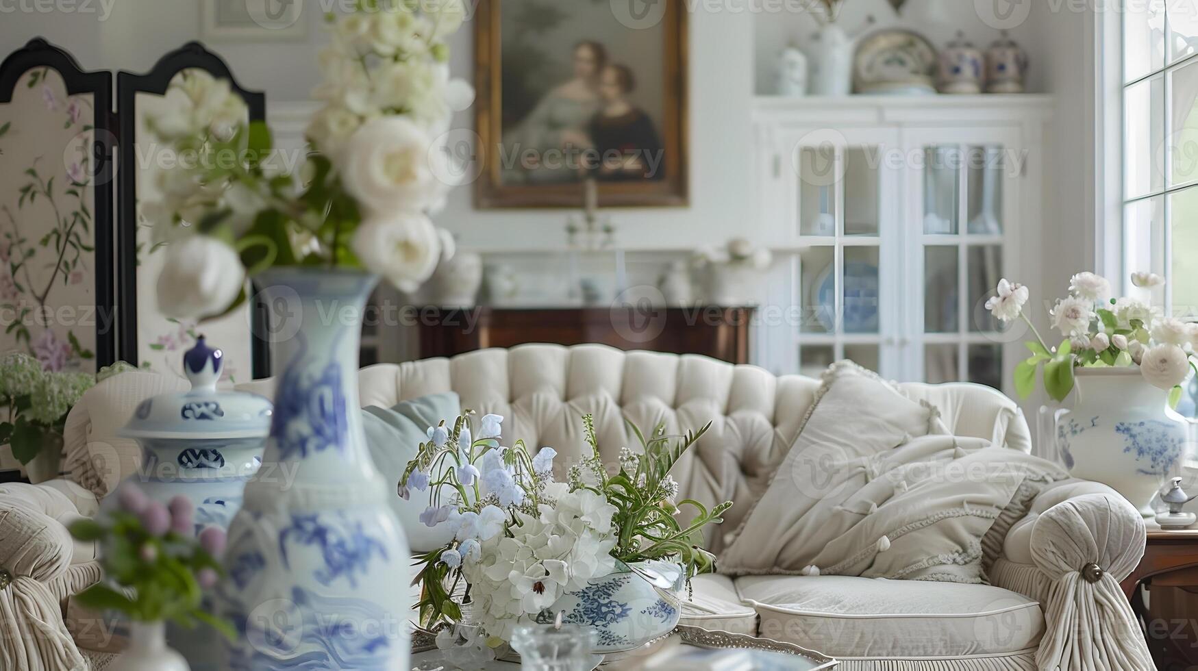 knus en elegant leven kamer met wijnoogst charme en bloemen accenten foto