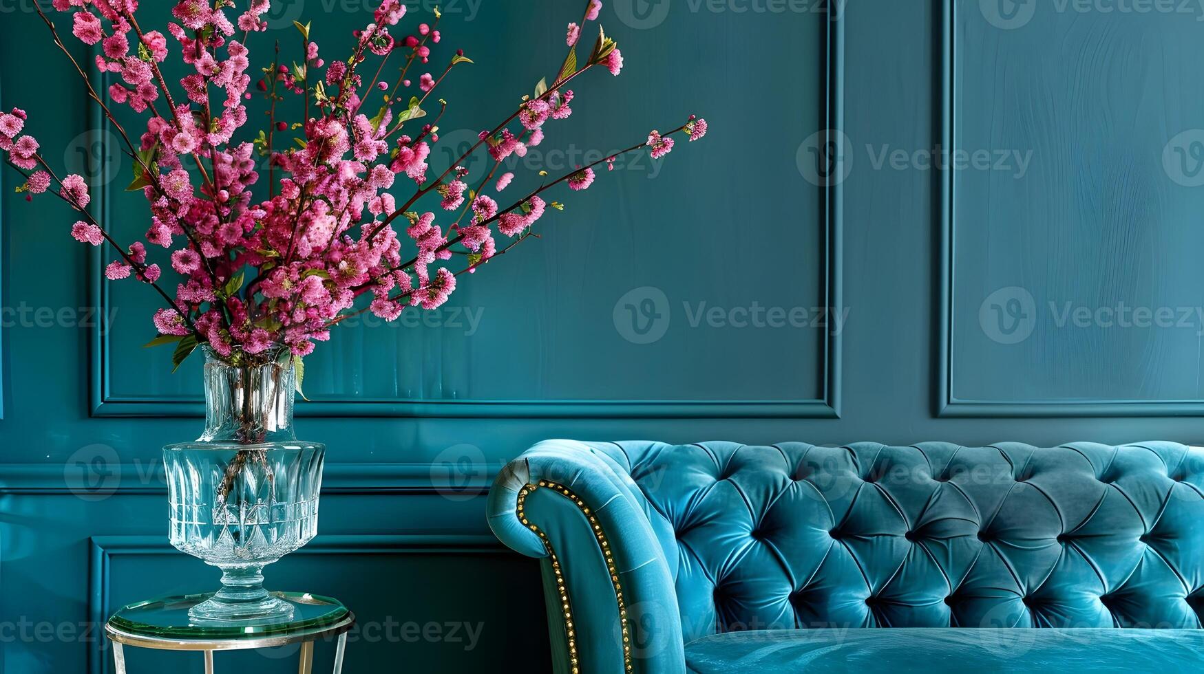 elegant leven kamer interieur met bloemen boeket en getuft chesterfield sofa foto