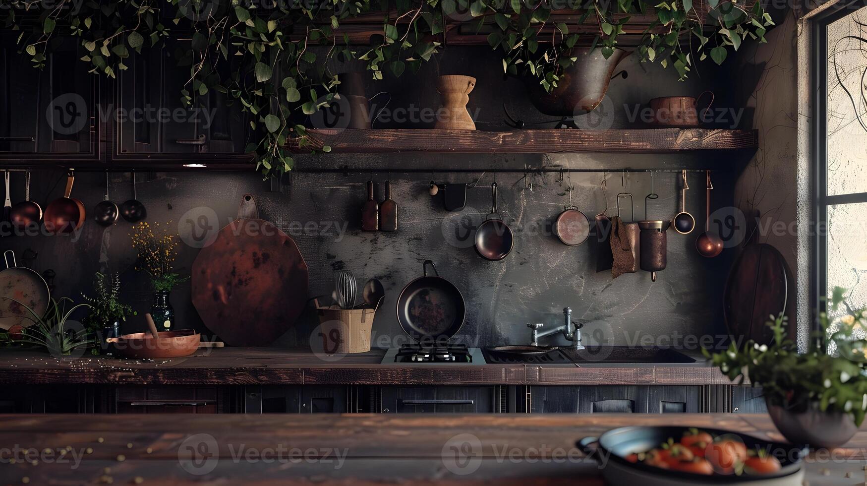 knus rustiek keuken gevulde met Koken gereedschap en vers produceren foto