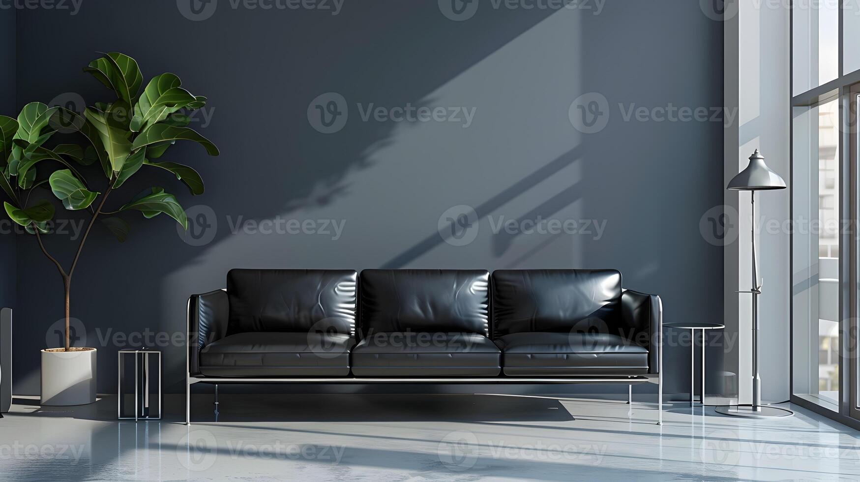 elegant zwart leer sofa in minimalistische leven kamer met weelderig groen en overvloedig natuurlijk licht foto