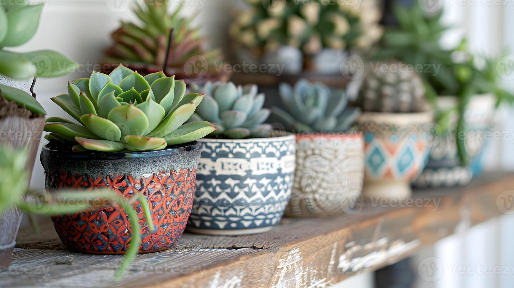weelderig sappig planten in decoratief keramisch potten Aan houten plank foto