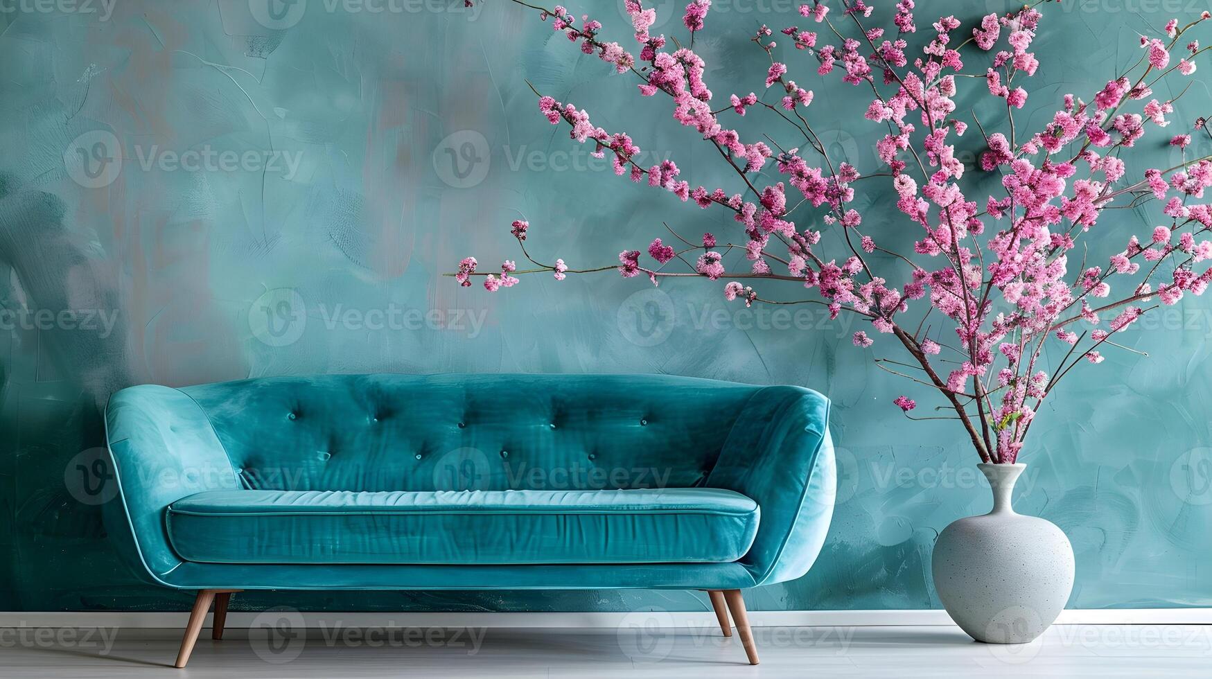 elegant getuft fluweel sofa met levendig voorjaar bloemen boeket in modern minimalistische leven kamer foto