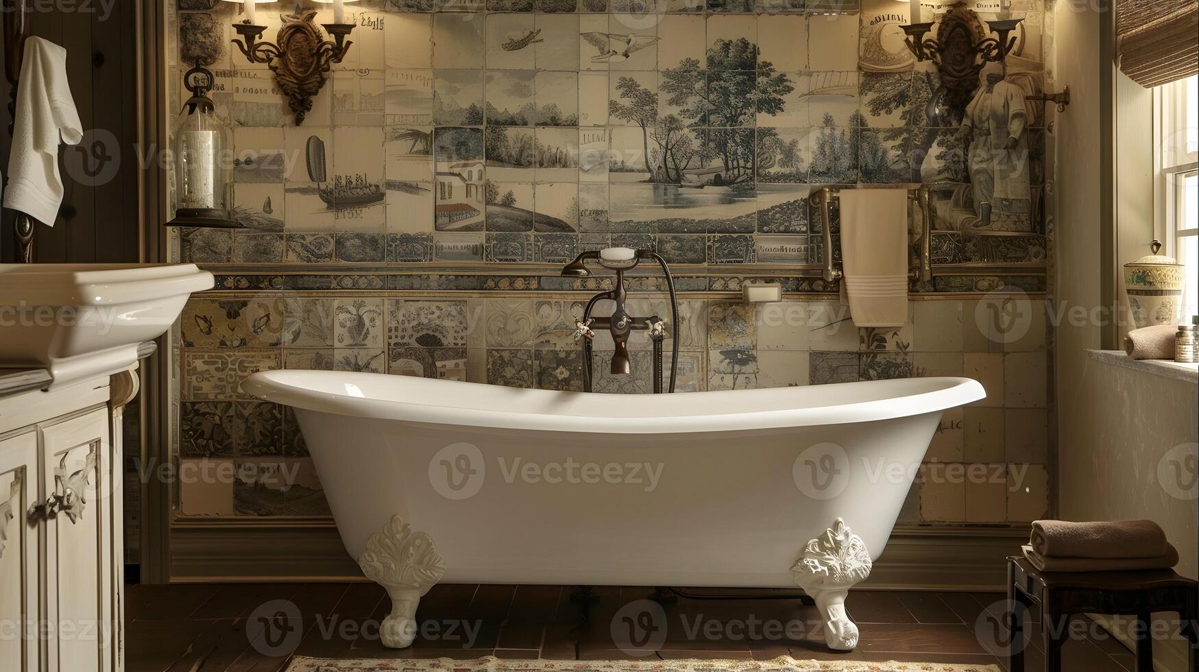 bevallig Victoriaanse stijl badkamer met overladen betegeld muren, klauwvoet badkuip, en antiek meubels reeks in een gezellig, sereen interieur foto