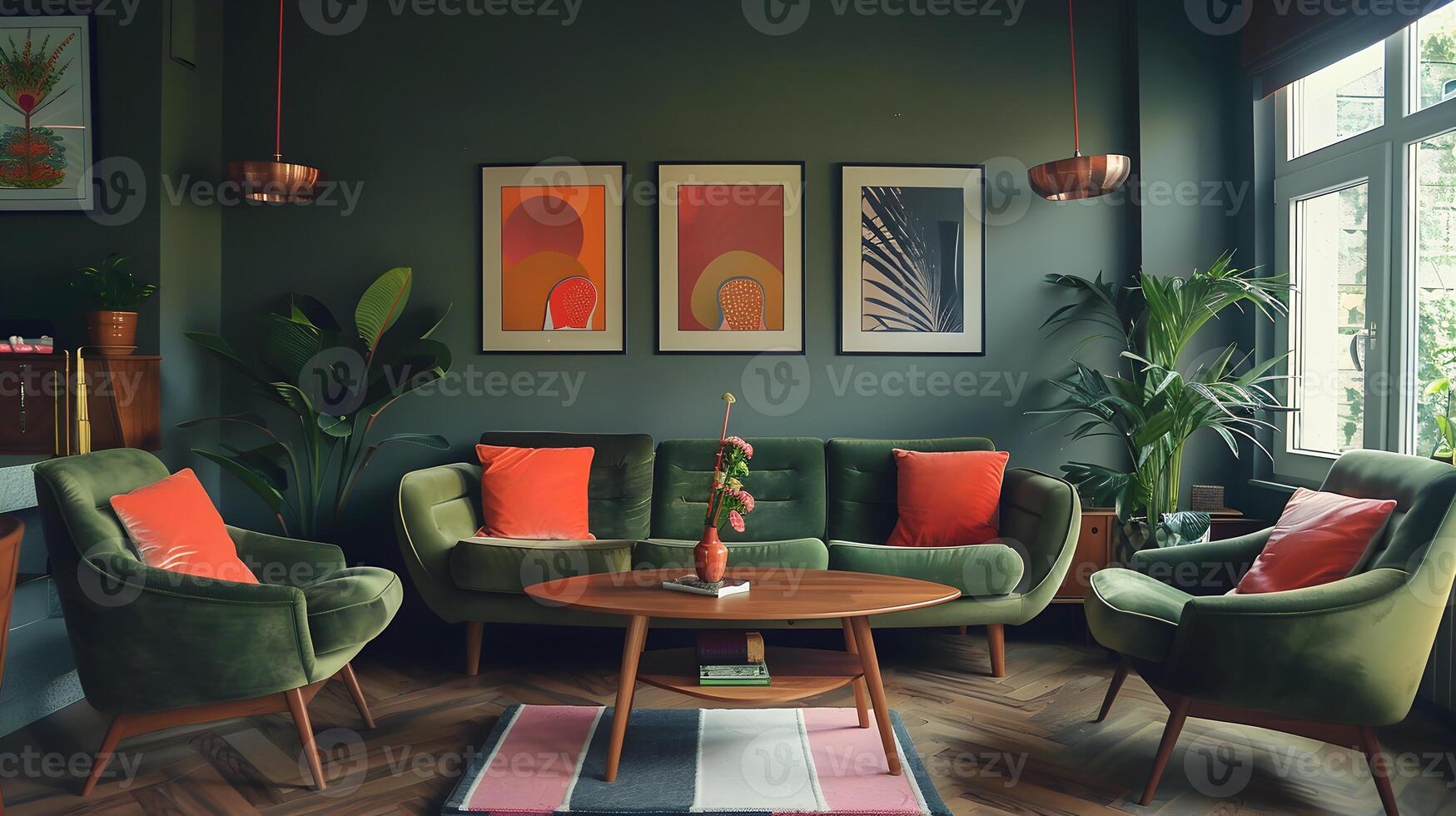 een knus en elegant midden in de eeuw modern leven kamer met levendig accenten en weelderig ingemaakt planten foto