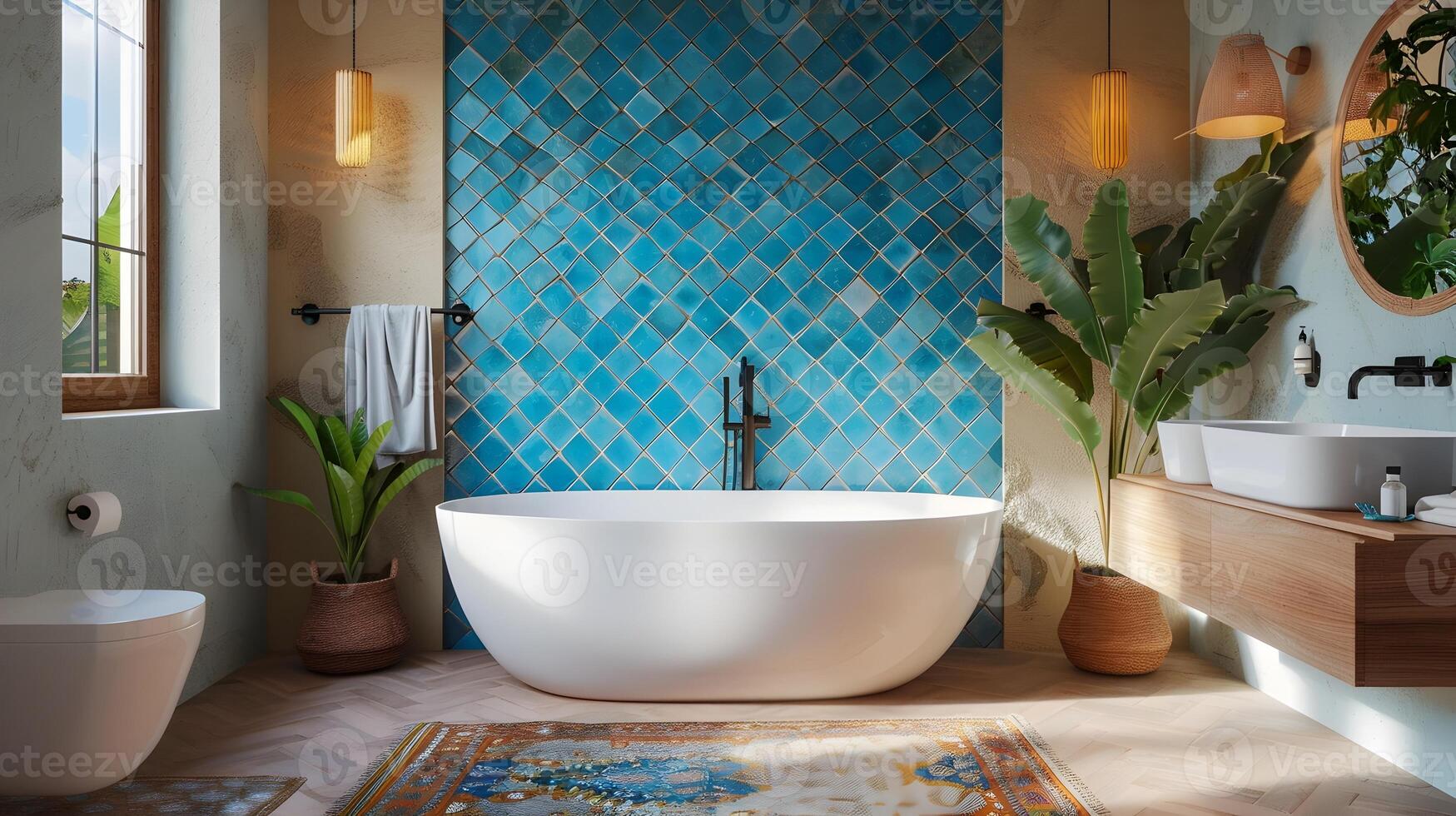 levendig Marokkaans betegeld badkamer met te groot vrijstaand kuip en weelderig planten foto