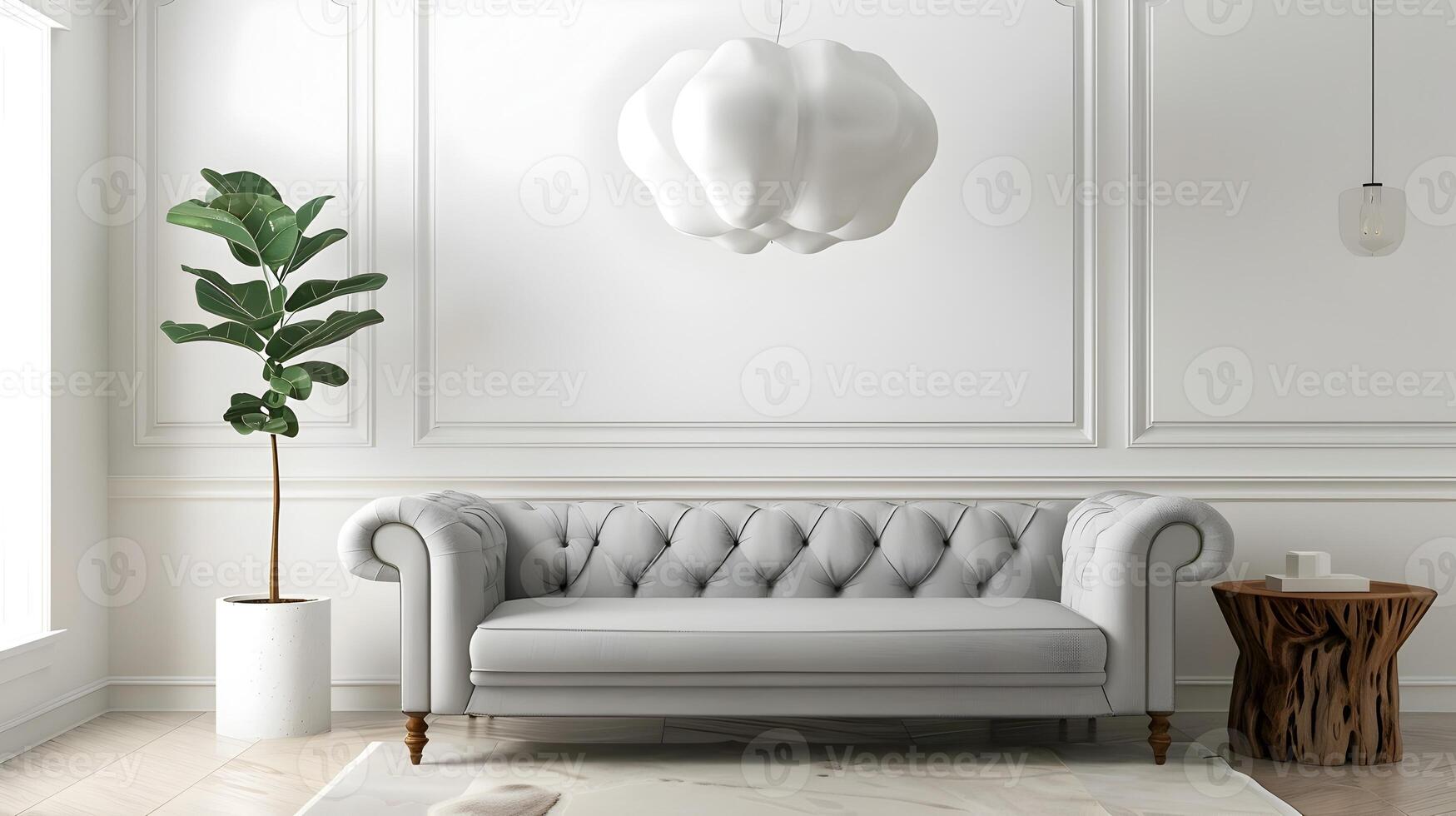 elegant scandinavisch geïnspireerd minimalistische leven kamer met chique grijs getuft sofa en sculpturaal wit hars hanger licht foto