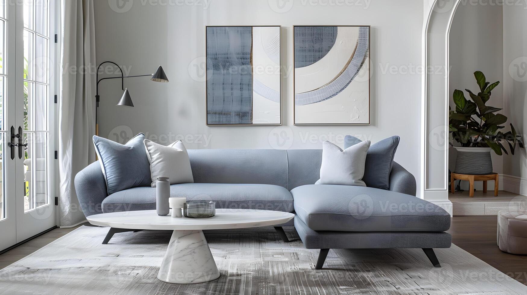 elegant leven kamer met licht blauw sofa en grijs hoek bankstel in modern hedendaags instelling foto