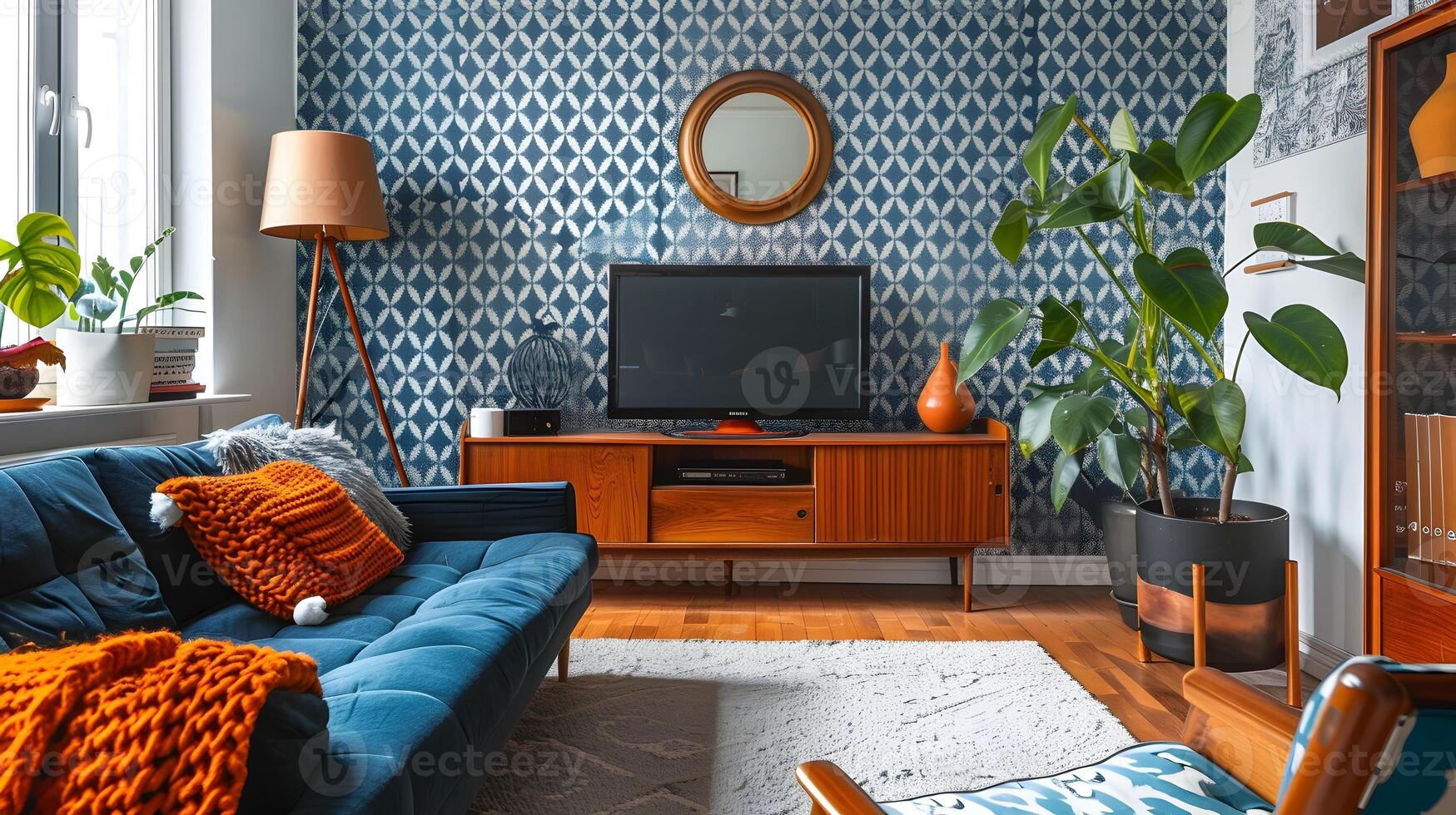 retro leven kamer met midden in de eeuw modern patronen, blauw en wit behang, en knus atmosfeer foto