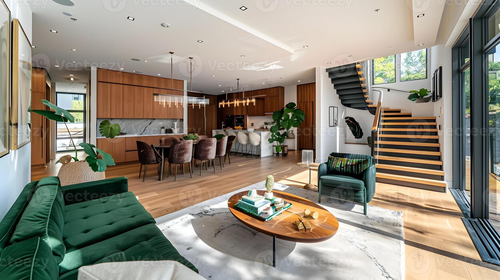 modern Open concept leven kamer met modieus Woud groen accenten en kers hout trappenhuis foto