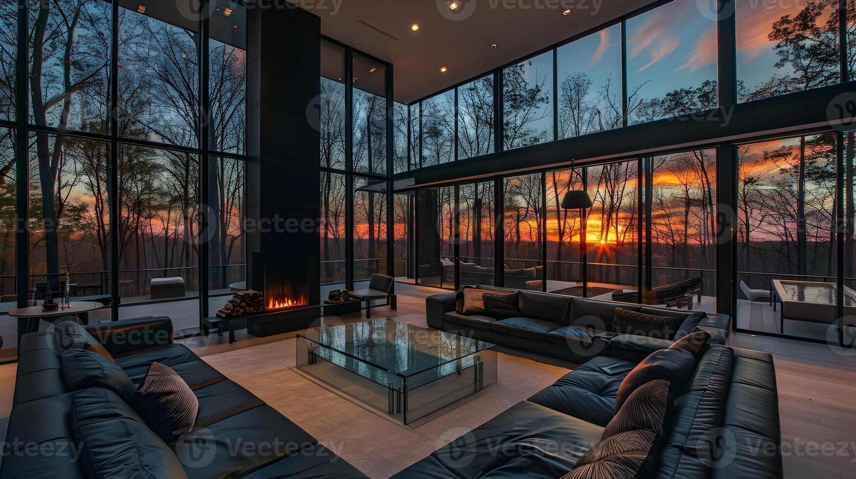 modern glas huis met zwart leer banken met uitzicht sereen noorden carolina Woud zonsondergang foto