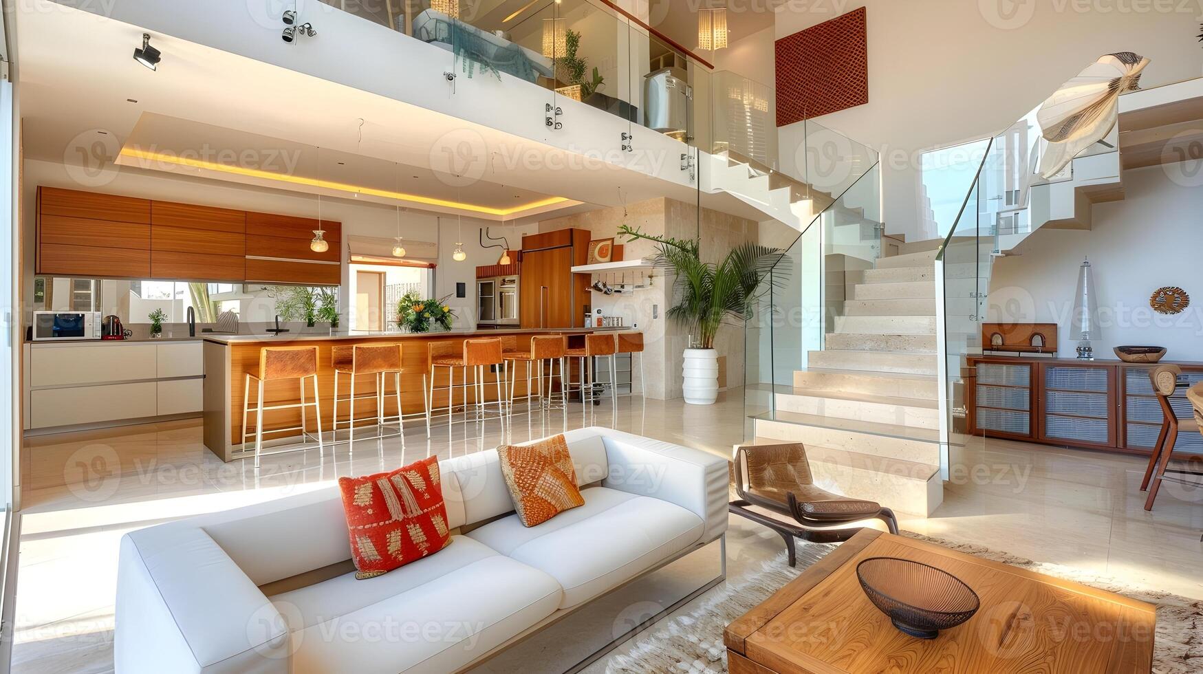 elegant leven ruimte met hoogwaardig keuken en boho ontspanning Oppervlakte met verbijsterend houten trappenhuis foto