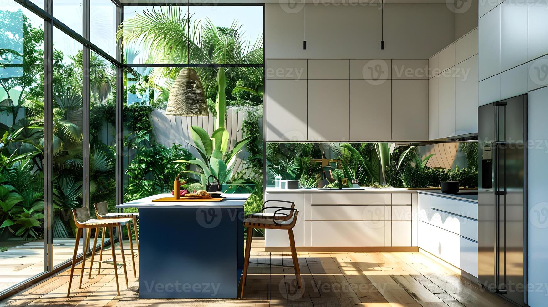 op het randje wit keuken met blauw eiland en tropisch tuin visie in minimalistisch ontwerp foto