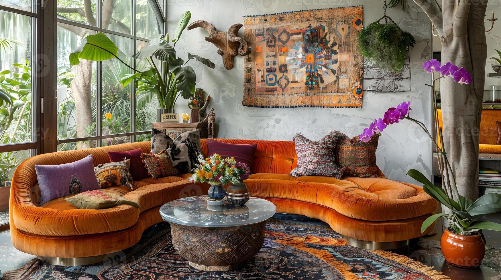 eclectisch boho leven kamer ruim gebogen oranje fluweel sofa temidden van weelderig groen en levendig textiel foto