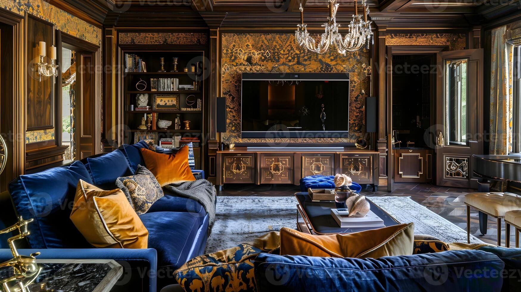 een barok-stijl leven kamer uitstralend luxe en elegantie met overladen behang en rijk blauw fluweel meubilair foto