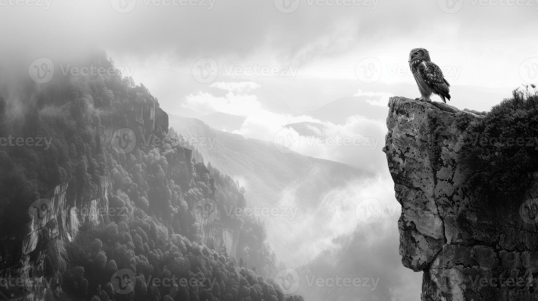 zwart en wit foto van uil in wildernis