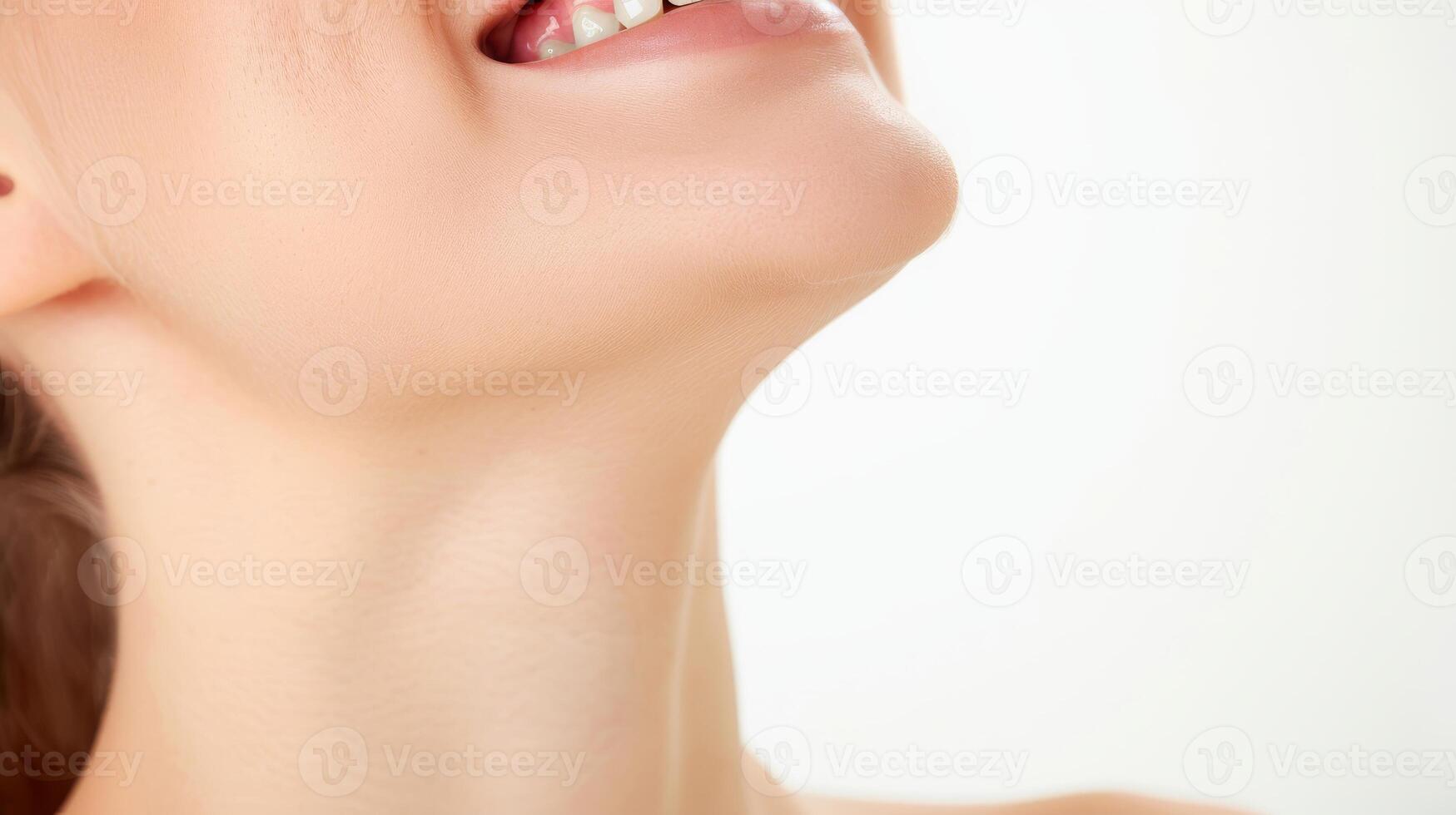 een beugel Aan tanden mooi rood lippen en wit tanden met metaal een beugel. een meisjes glimlach. foto