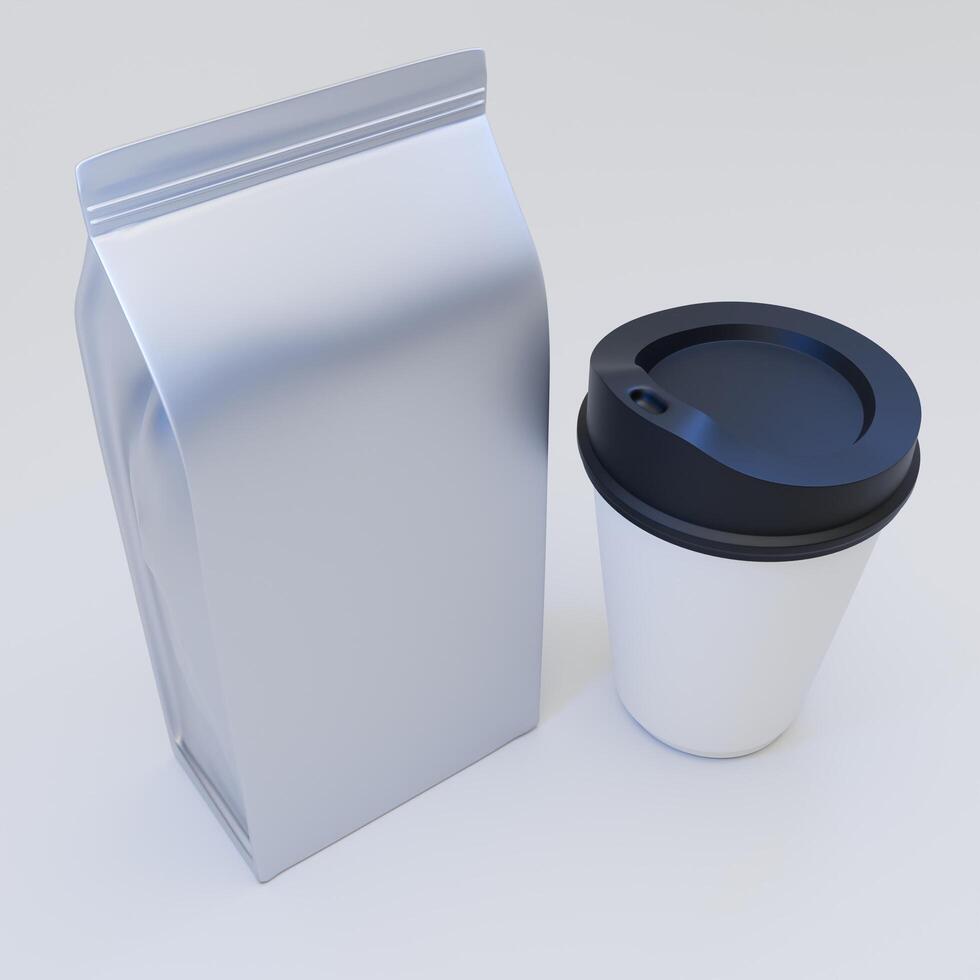 mockup van folie etui verpakking en koffie beker, voorkant visie perspectief geïsoleerd Aan wit achtergrond foto