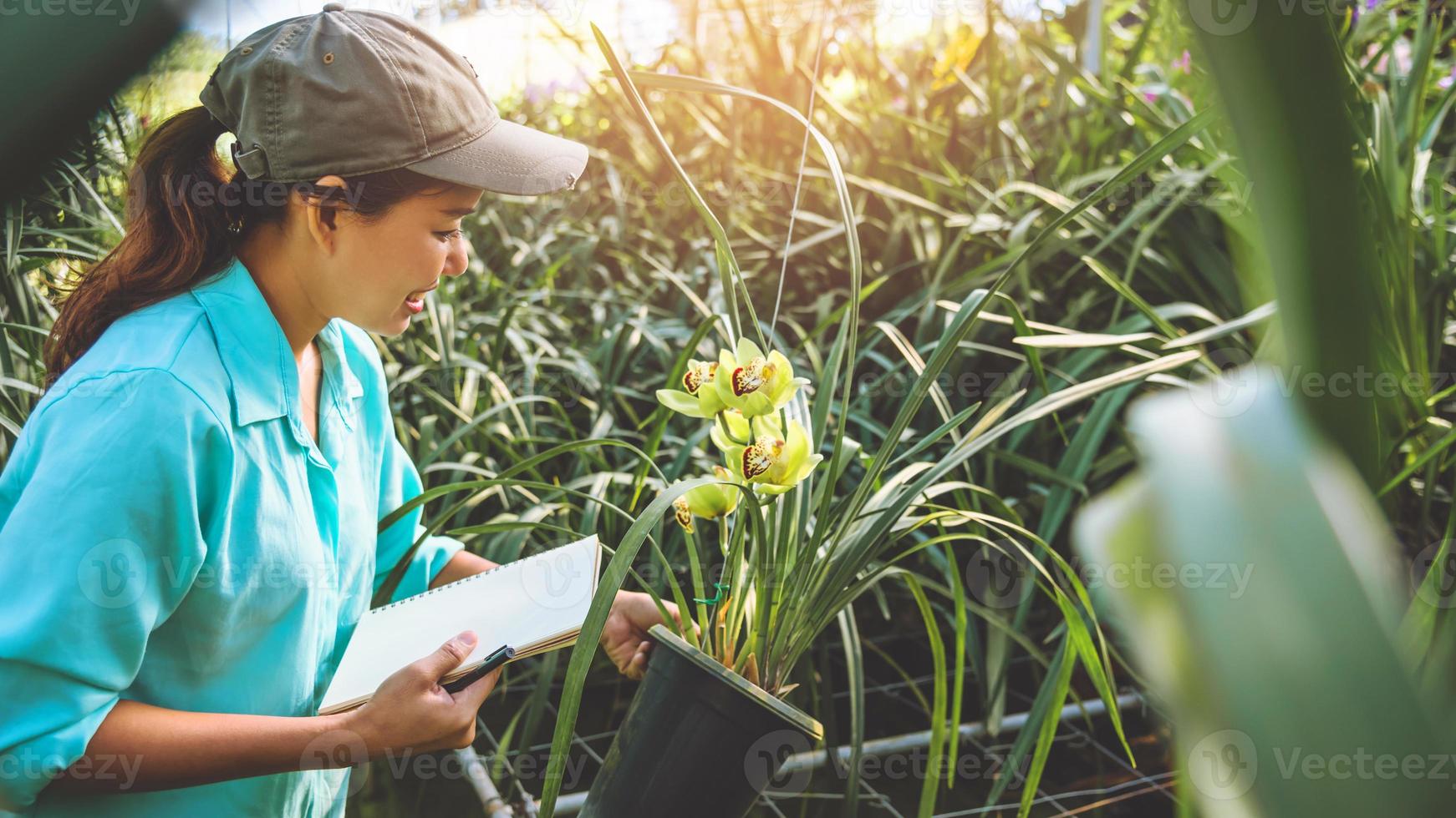 Aziatische vrouw reizen ontspannen orchidee onderwijs notities schrijven in de orchideeëntuin, achtergrond orchidee. foto