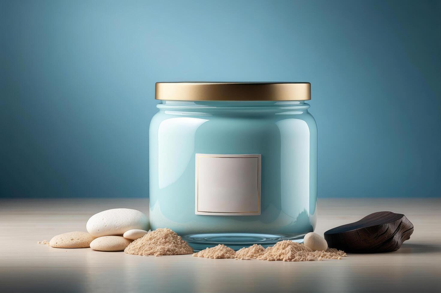 elegant blauw glas pot met houten deksel en blanco etiket - modern keuken opslagruimte oplossing foto