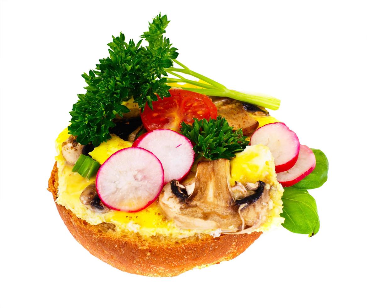 sandwich met champignons, tomaat, kaas, ui en radijs foto