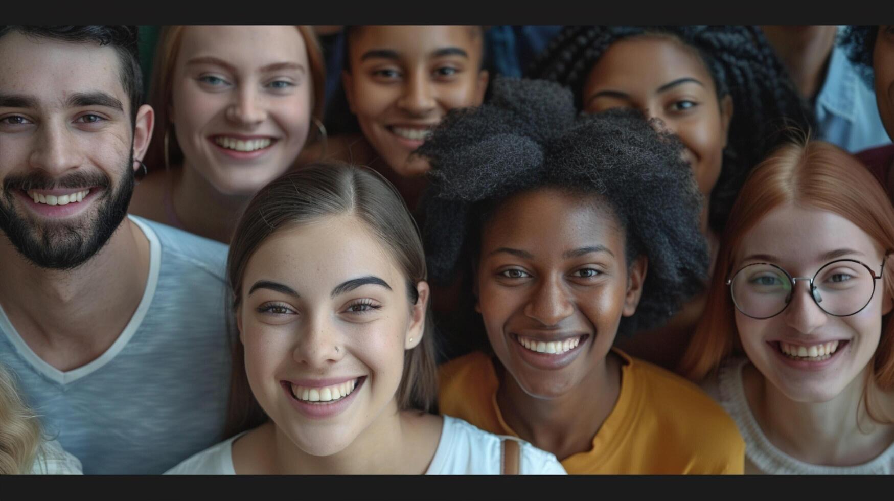 een verschillend groep van jong volwassenen glimlachen op zoek foto