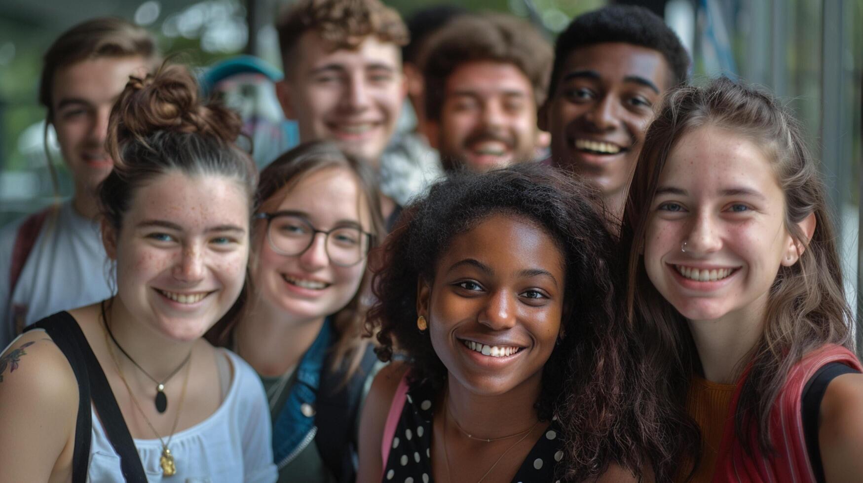 een verschillend groep van jong volwassenen glimlachen op zoek foto