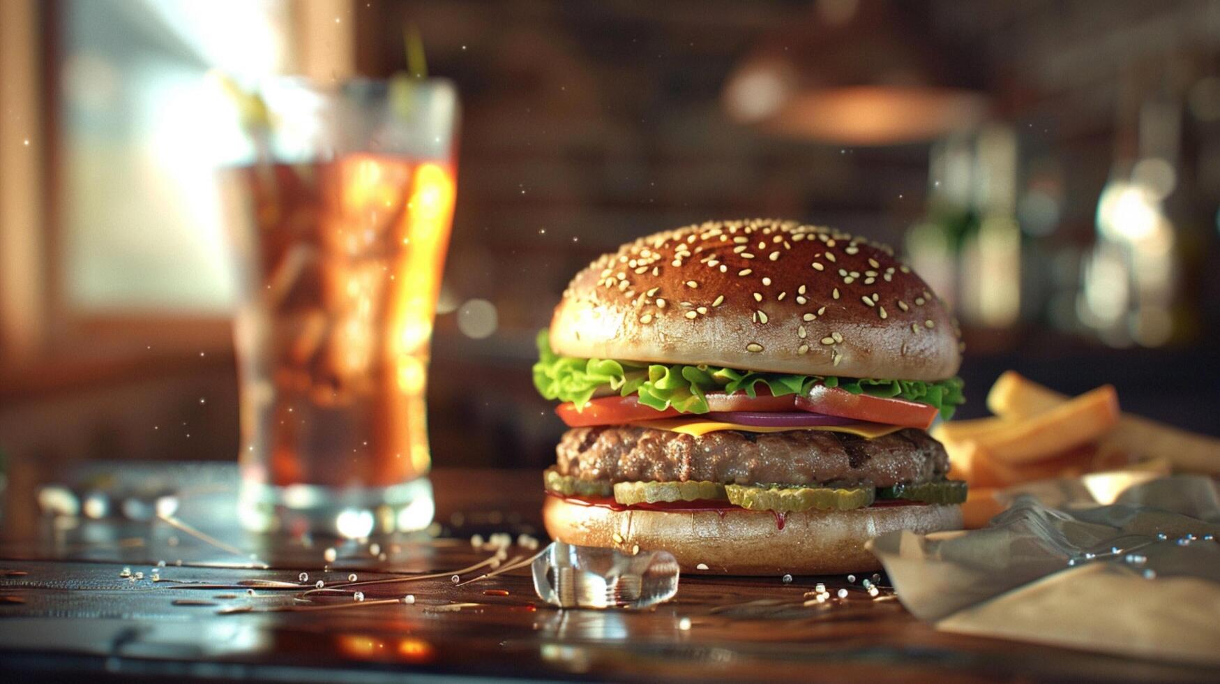 een Hamburger met een glas van water Aan de kant foto
