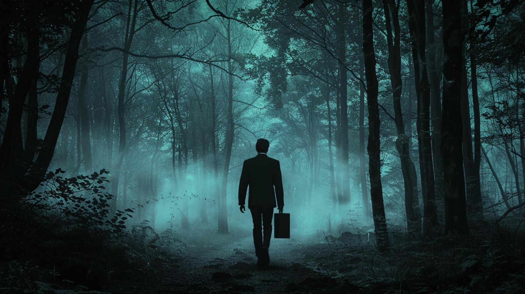 een spookachtig zakenman wandelingen in de donker Woud foto