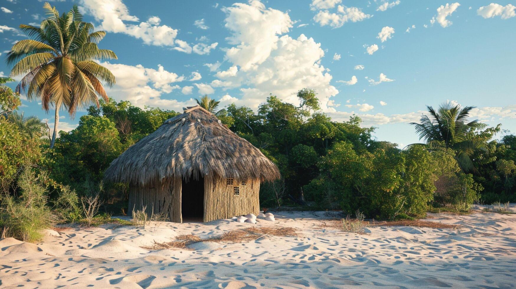 Afrikaanse hut in landelijk tafereel omringd door zand foto