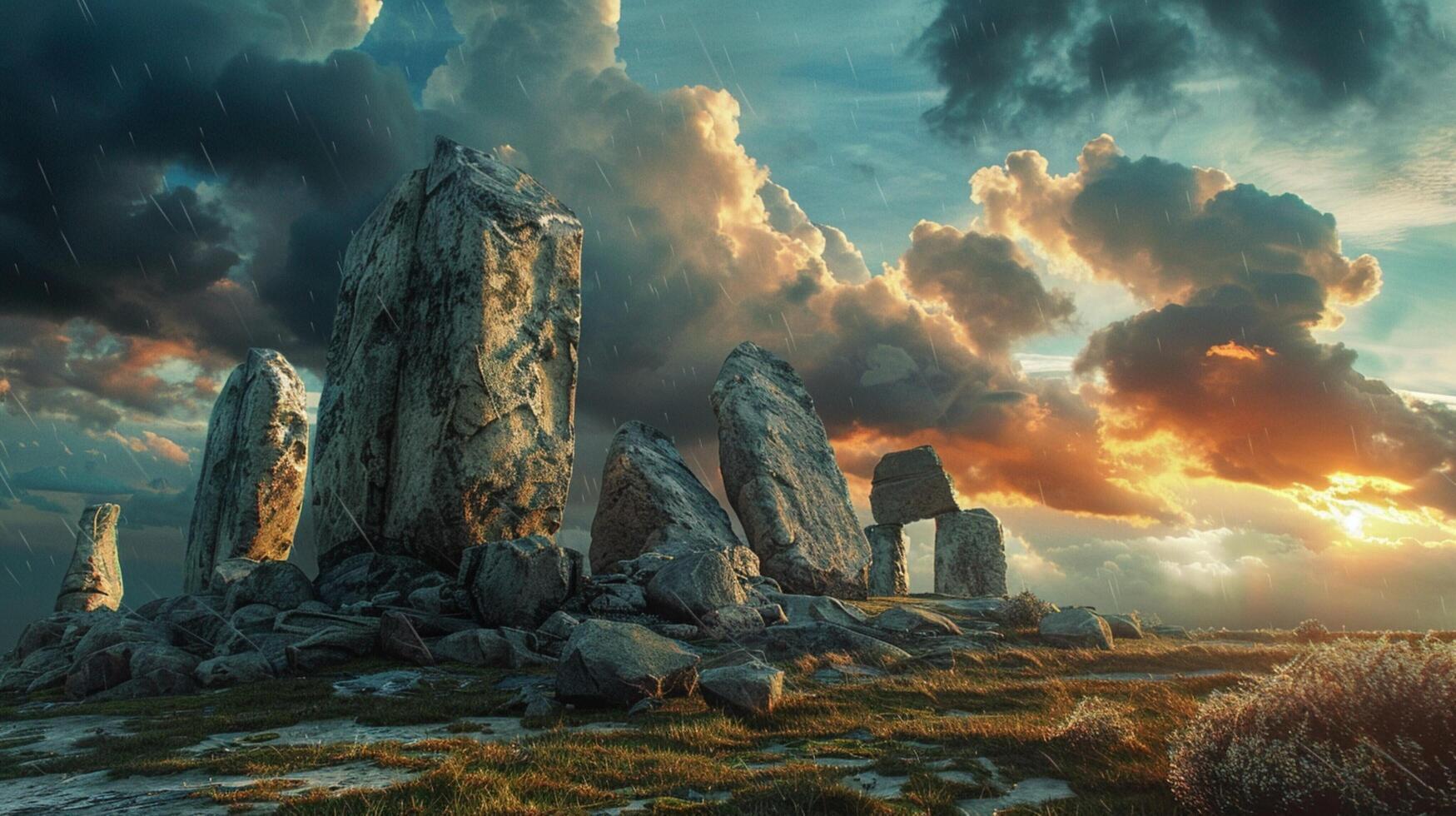 oude megalieten staan hoog in dramatisch lucht foto