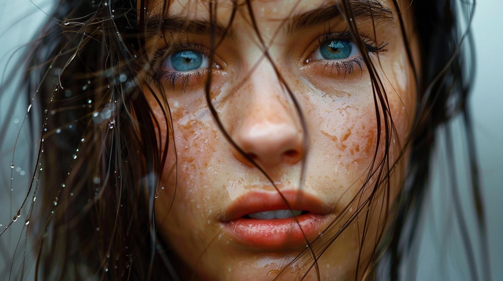 mooi jong vrouw met nat bruin haar- op zoek foto