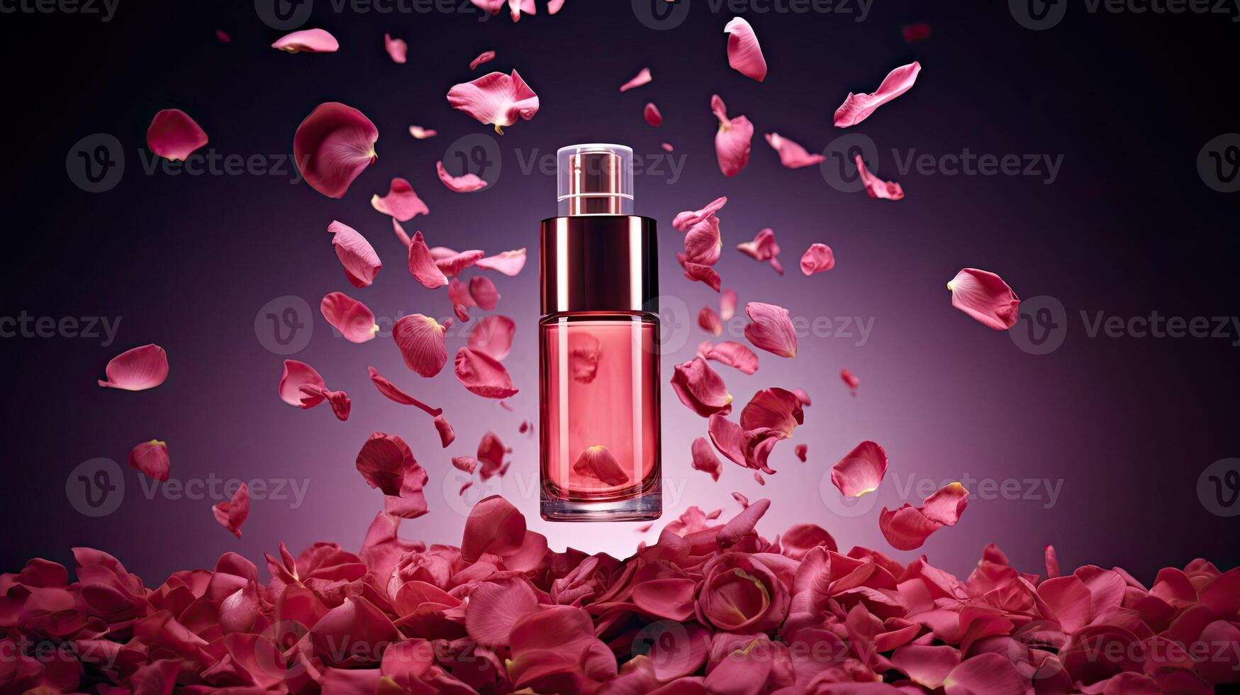 parfum met geur van rozen. concept van tederheid en vrouwelijkheid. roze glas parfum fles. kunstmatig Product tussen de bloemblaadjes van bloemen. foto