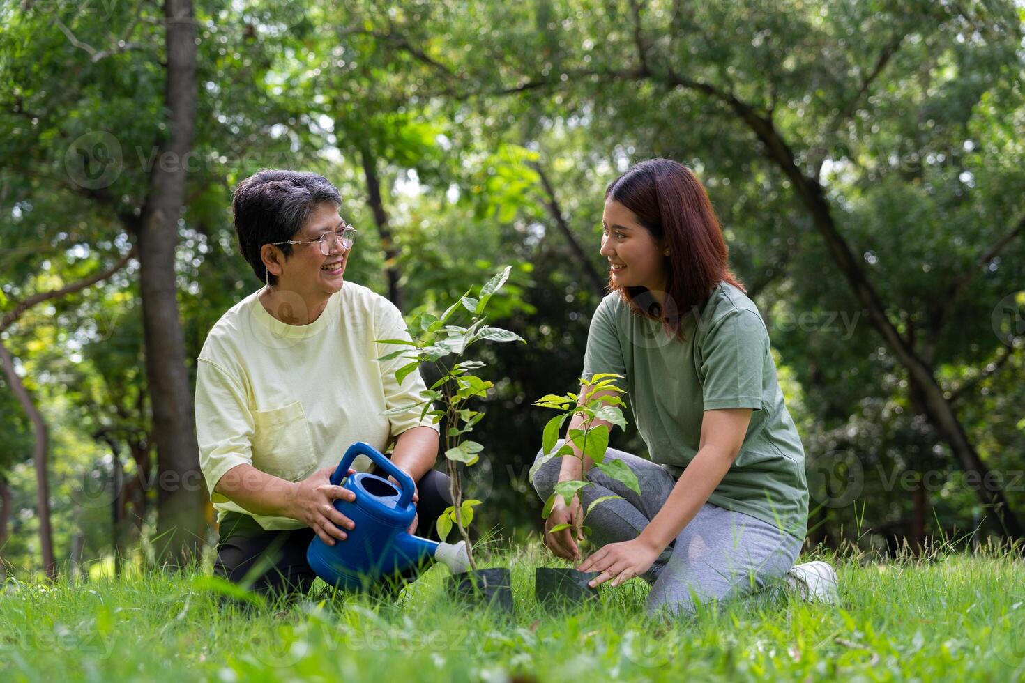 oud Aziatisch Dames en dochter toetreden net zo vrijwilligers voor herbebossing, aarde behoud activiteiten voor verminderen globaal opwarming groei voorzien zijn van en nemen zorg natuur aarde. milieu concept foto