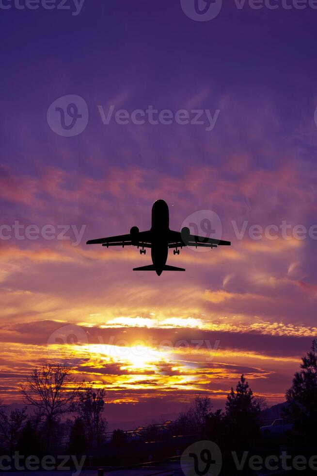 passagiers reclame vliegtuig vliegend in zonsondergang licht. concept van snel reis, vakantie en bedrijf foto