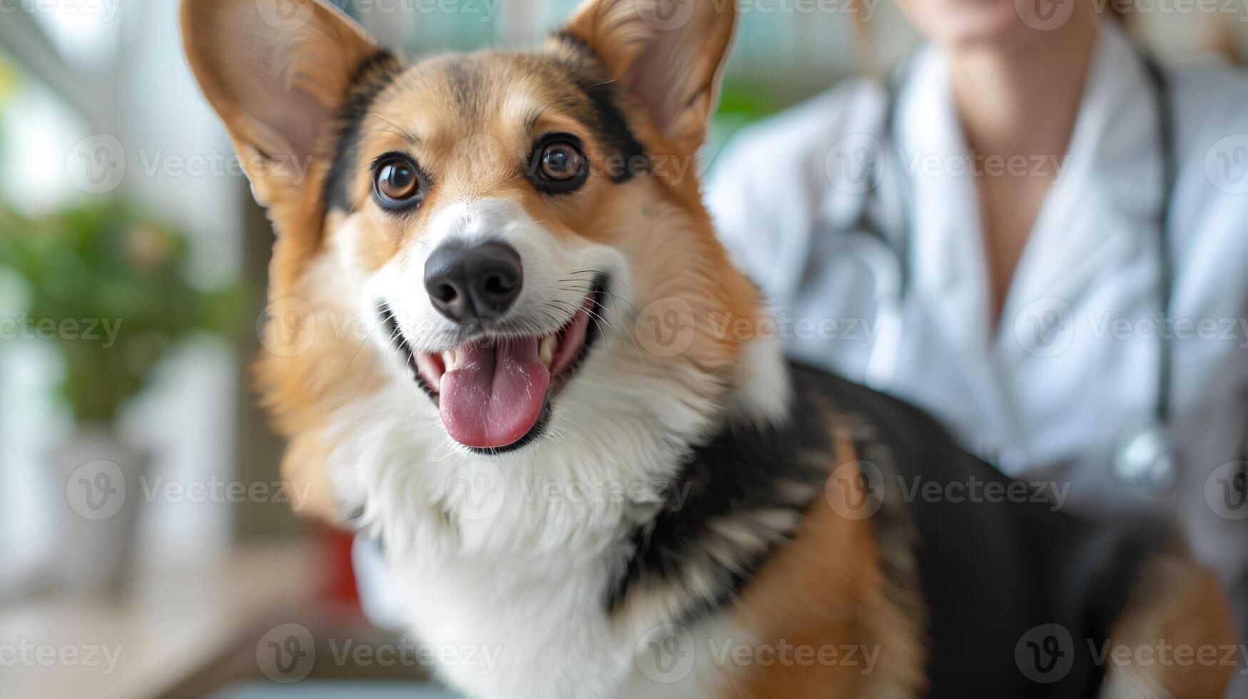 een corgi zit Aan examen tafel en vrouw dokter in een dierenarts examen kamer foto