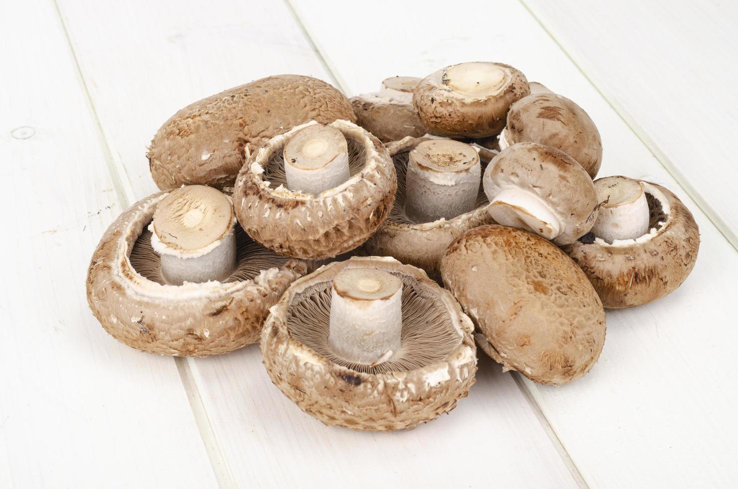 verse bruine gecultiveerde champignons champignons op houten achtergrond. studio foto