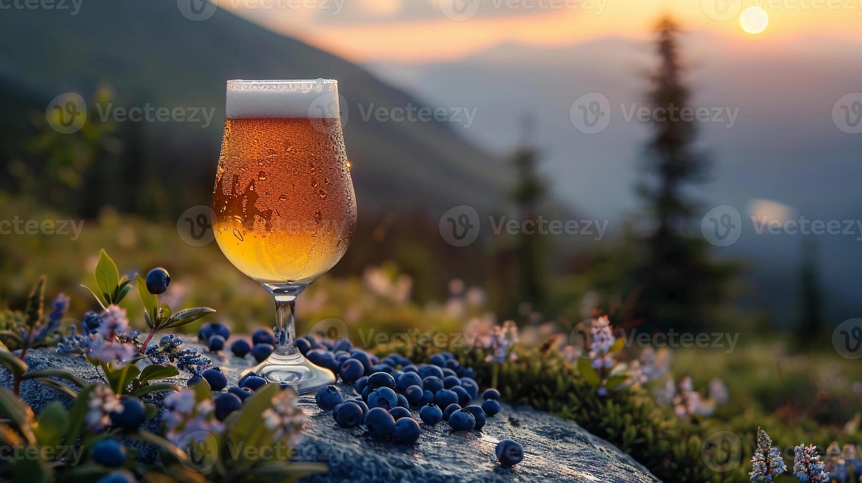 hoog glas van bosbes bier staat Aan ruw steen tafel Aan berg reeks achtergrond foto