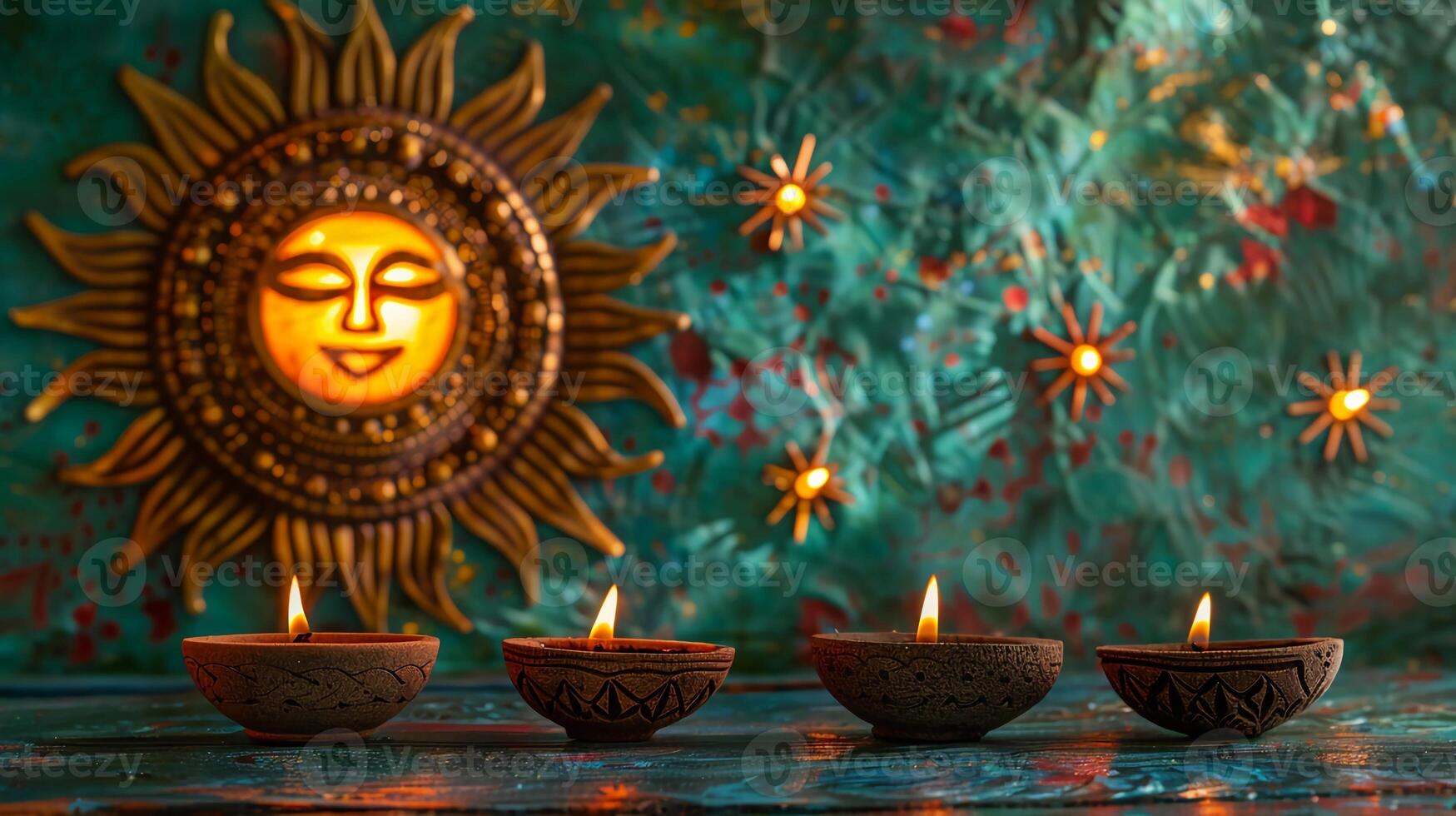 lit klei diyas en gouden zon gezicht Aan turkoois muur. sinhala nieuw jaar of divali. foto