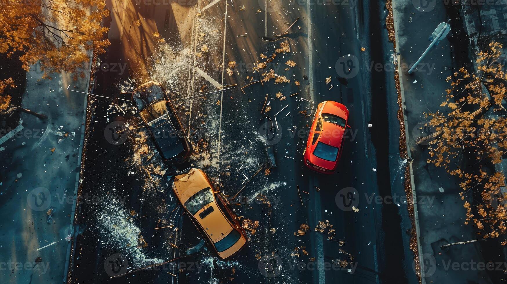 top visie van een gevaarlijk auto Botsing incident Aan de weg, top visie botsing. foto