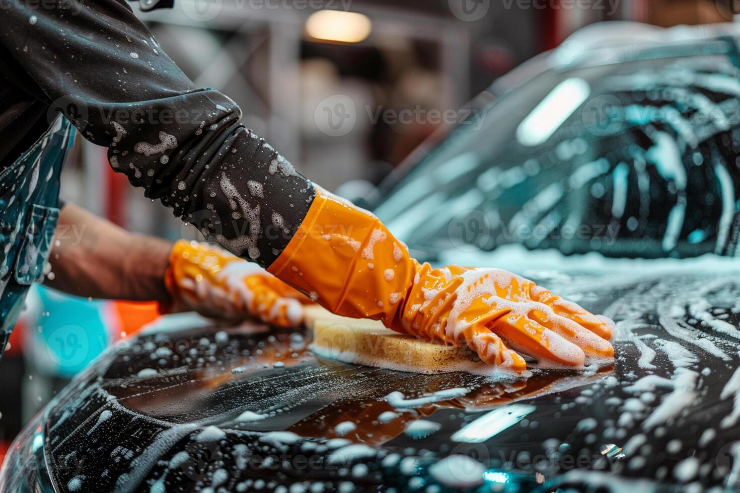mannetje handen in rubber handschoenen van een auto wassen arbeider polijsten een auto met spons. foto