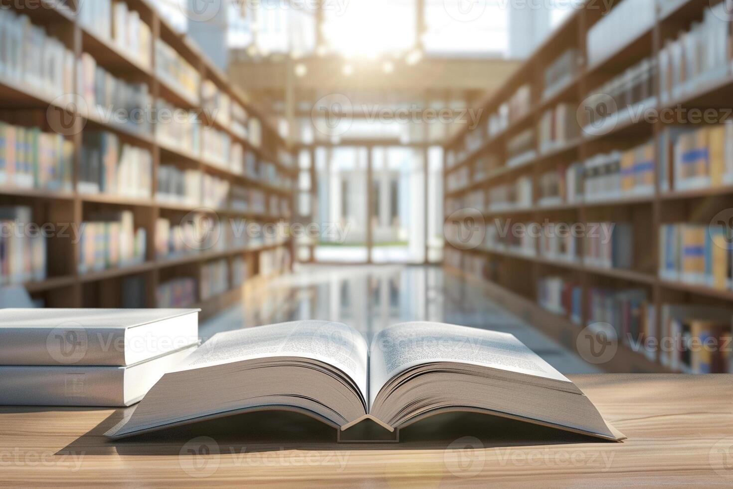 Open boek Aan een tafel met stapels van boeken Aan de kanten. wazig modern bibliotheek Aan een achtergrond. foto