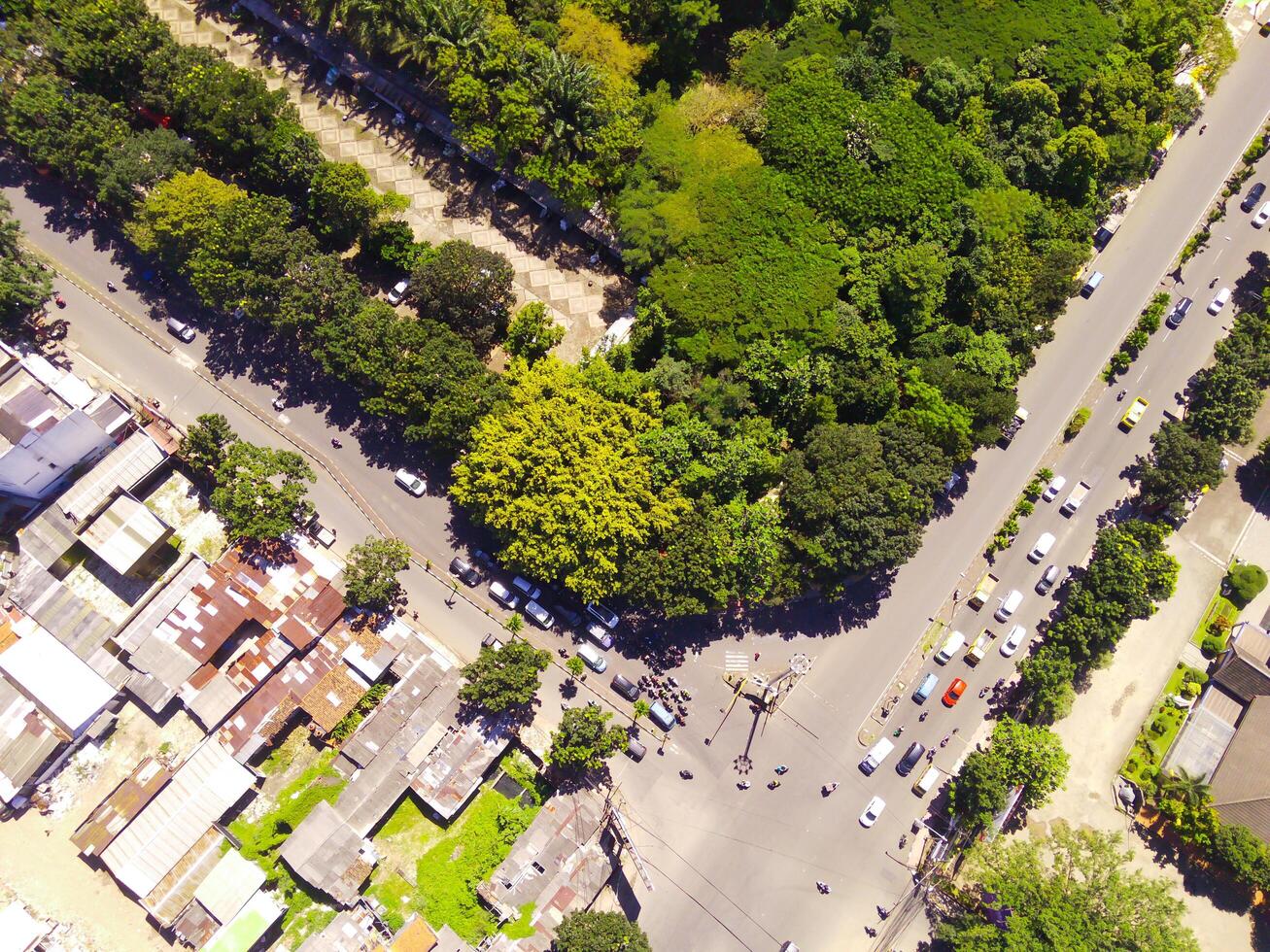 antenne schot van stad park met mooi verdieping patronen en bomen. getextureerde achtergrond verdieping patroon. antenne fotografie. getextureerde details. schot van een vliegend dar foto