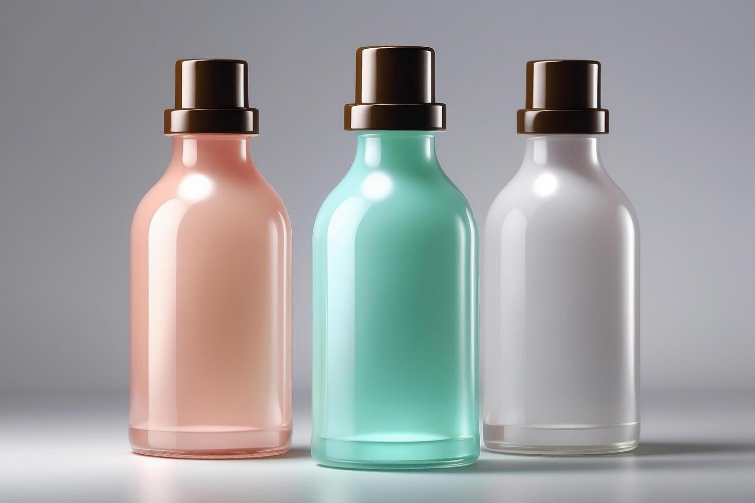 trio van premie pastel kunstmatig flessen - elegant berijpt huidsverzorging verpakking mockup foto
