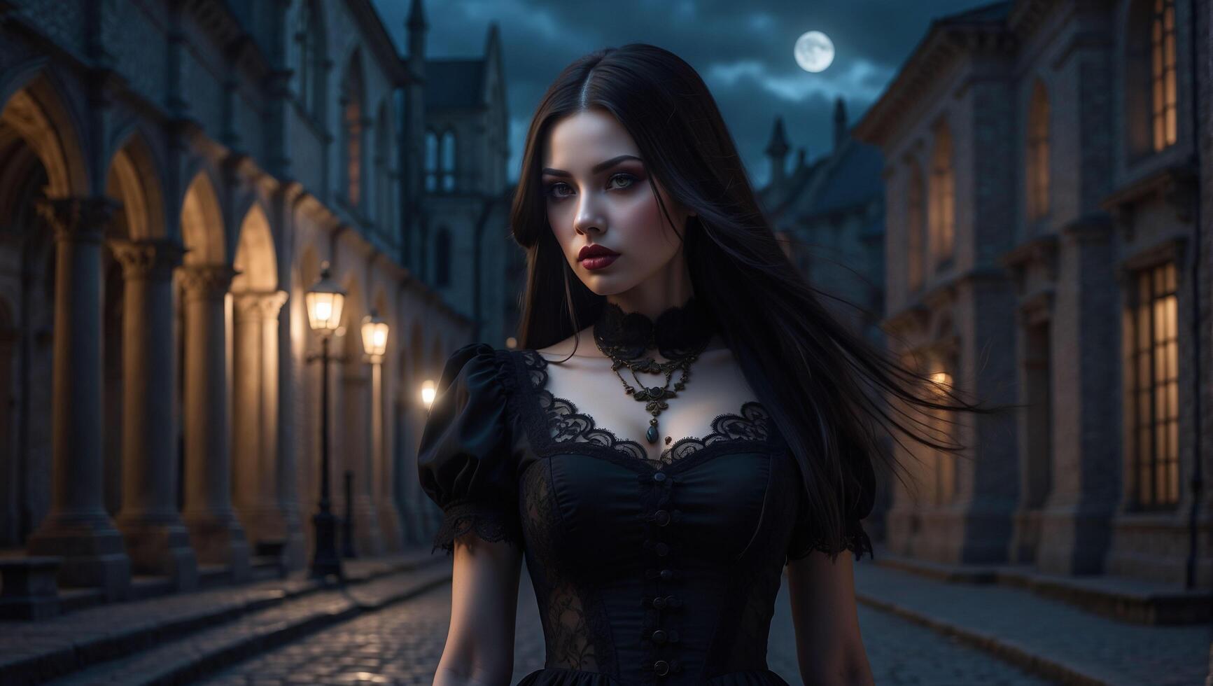 een mooi goth meisje met lang Rechtdoor haar- in een kort zwart jurk is wandelen door een gotisch stad foto